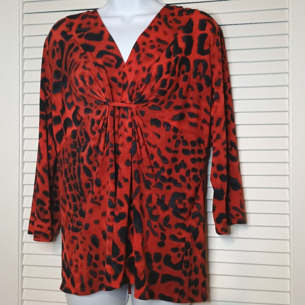 Casual Chaus Leopard Print Dress V Neck 3/4 Sleeve Red and Black Blouse XL